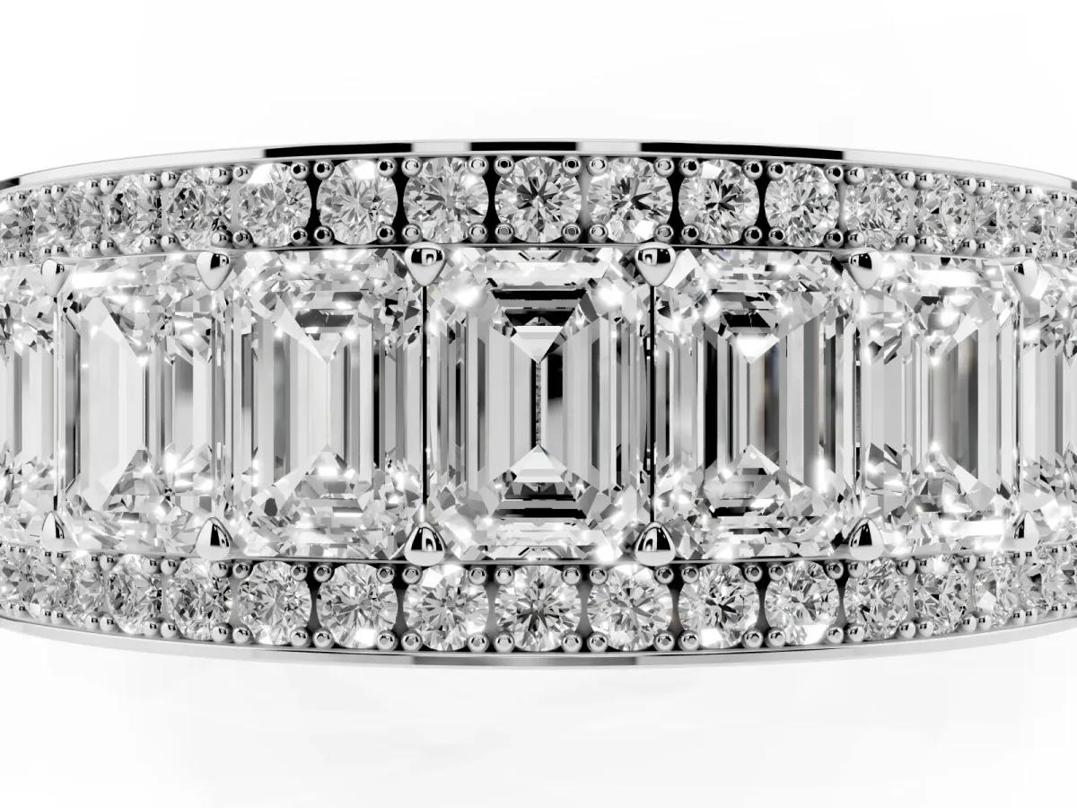 Emerald Cut and Round Diamond Multi-Row Mens Band Platinum