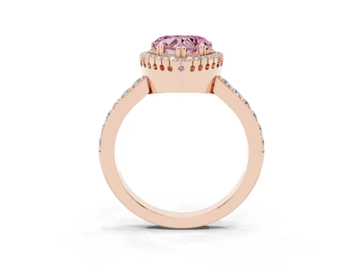 Fancy Pink Heart Cut Cut Diamond Halo Engagement Ring with Milgrain Detail and Pavé Band Rose gold
