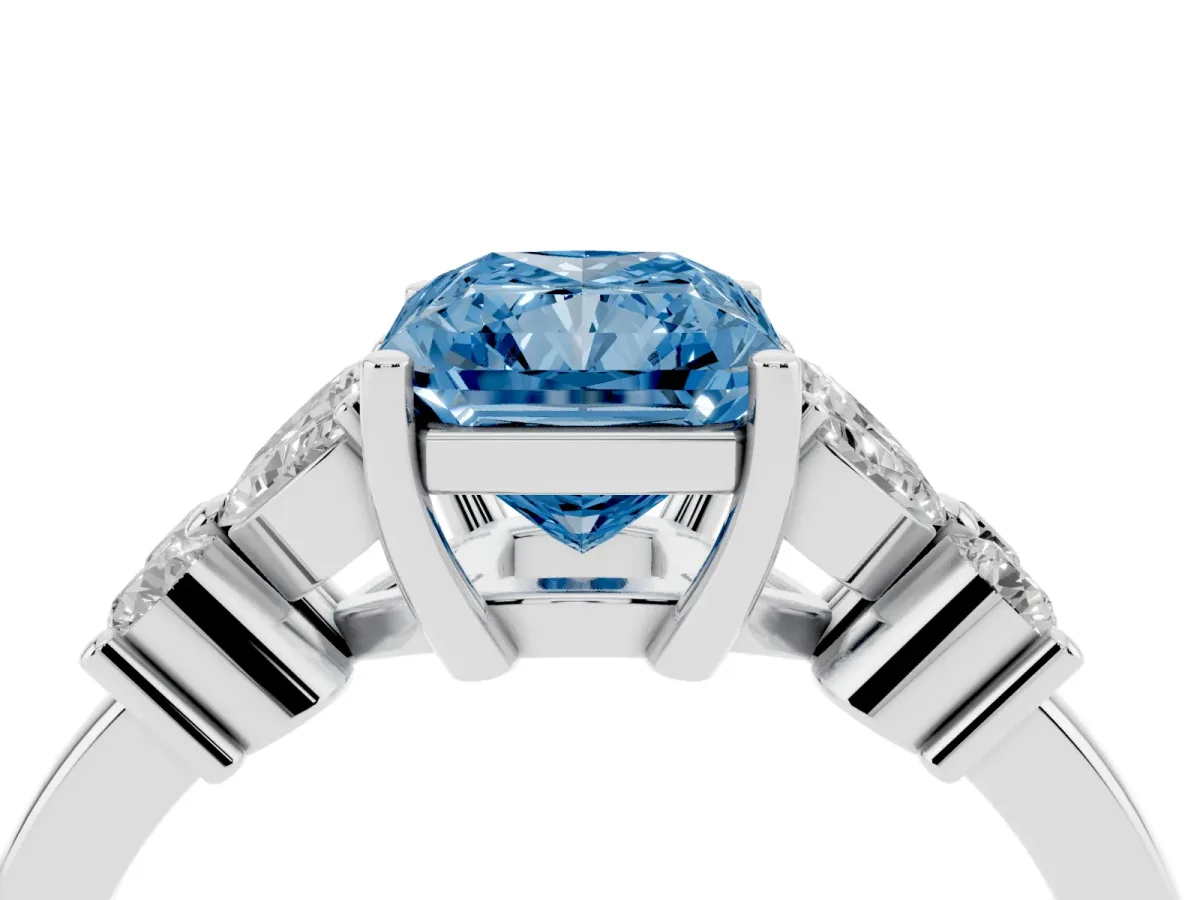 Fancy Blue Radiant Cut Diamond Floral Cluster Ring with Solitaire Band and Prong Setting White gold