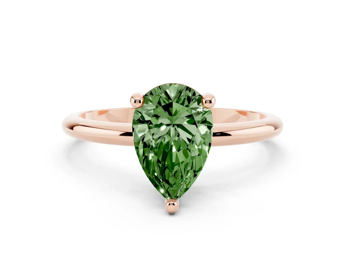 Fancy Green Pear Cut Solitaire Diamond Ring with 4-Prong Setting on a Classic Band Rose gold