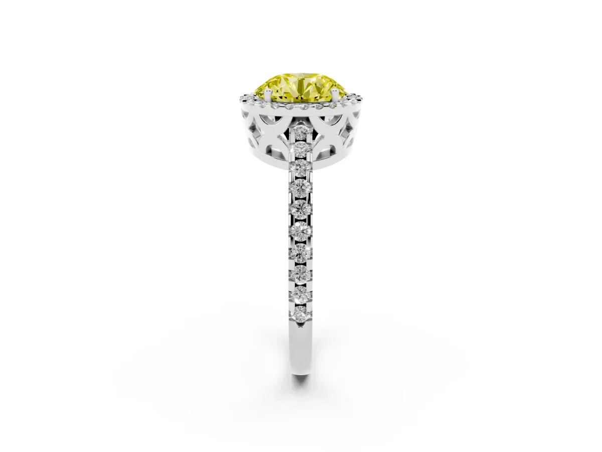 Fancy Yellow Round Cut Diamond Halo Engagement Ring with Pavé Band and Prong Setting Platinum