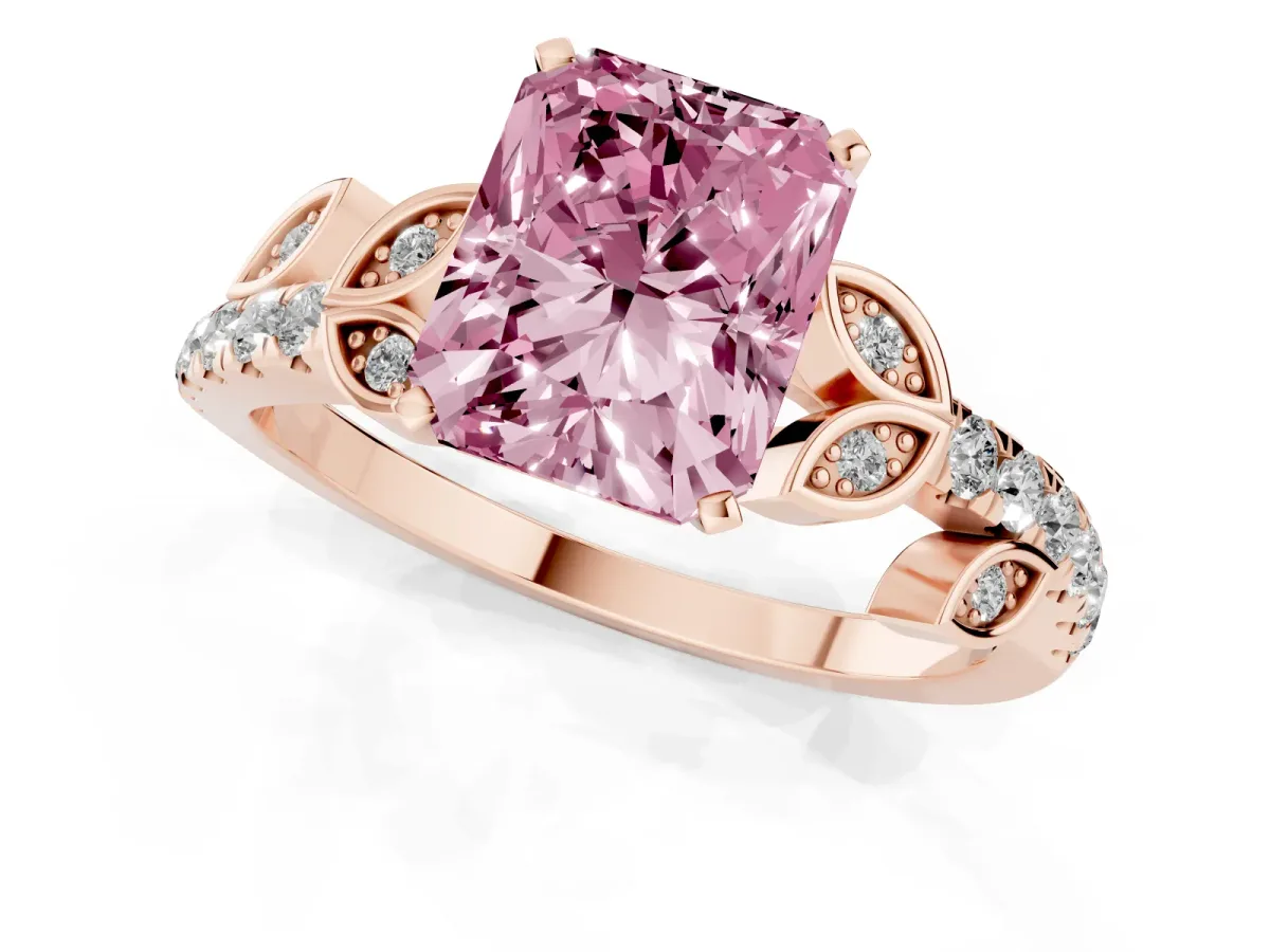 Fancy Pink Radiant Cut Solitaire Leaf-Inspired Diamond Ring with Pavé Band and Four-Prong Setting Rose gold
