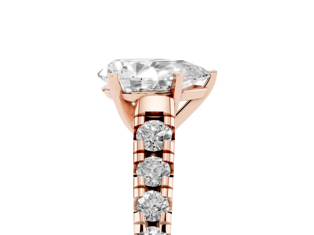 Pear Cut Diamond Cathedral Solitaire Ring with Round Pavé Band Rose gold