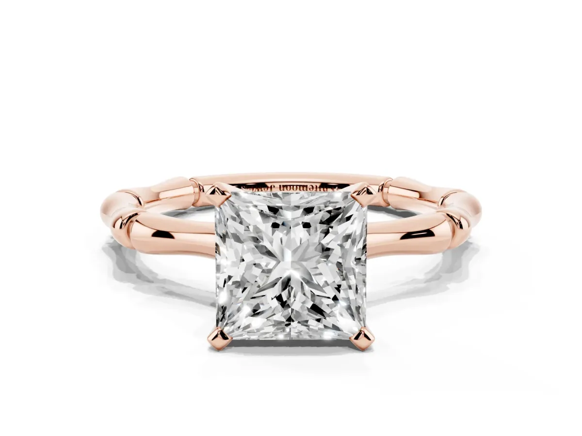 Princess Cut Solitaire Diamond Ring with Bamboo Band and Four-Prong Setting Rose gold
