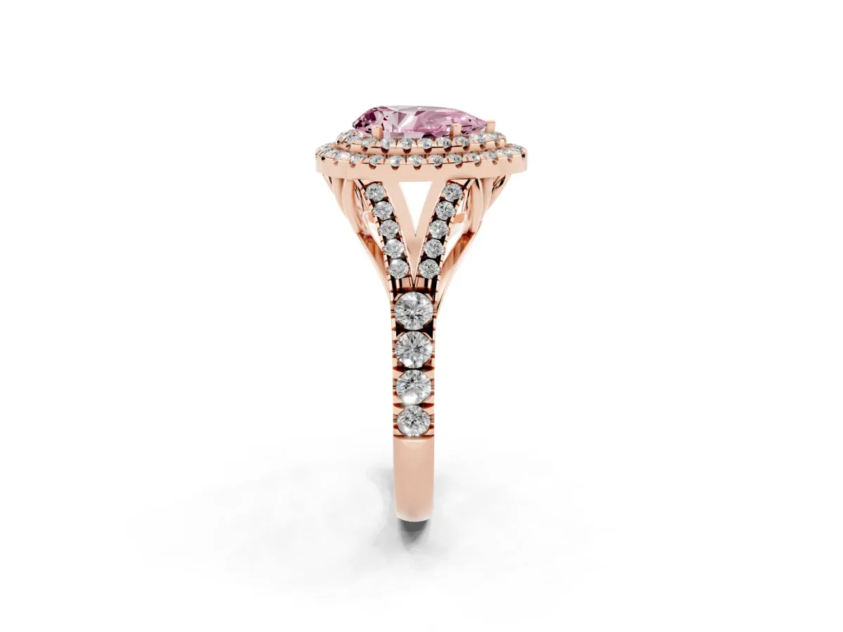 Fancy Pink Pear Cut Diamond Double Halo Ring with Split Shank and Prong Setting Rose gold