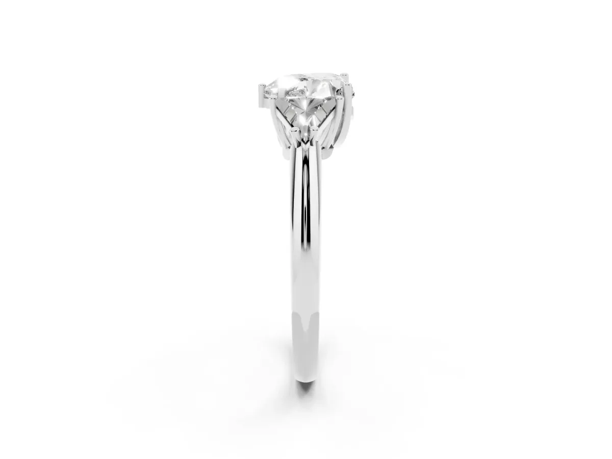 Three-Stone Heart Cut Diamond Engagement Ring with Trillion Side Stones and Prong Setting Silver