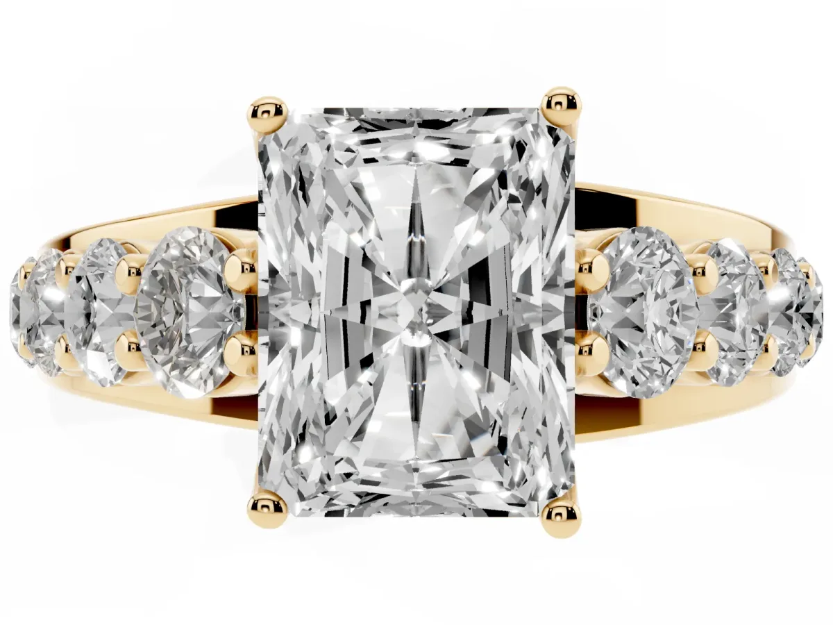 Radiant Cut Diamond Engagement Ring with Pavé Band and Four-Prong Setting Yellow gold