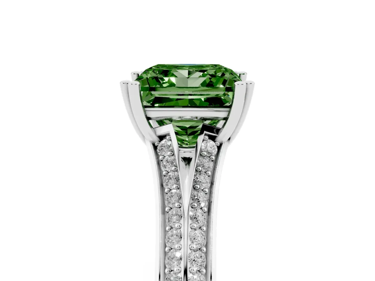 Fancy Green Princess Cut Diamond Split Shank Engagement Ring with Pavé Band Silver