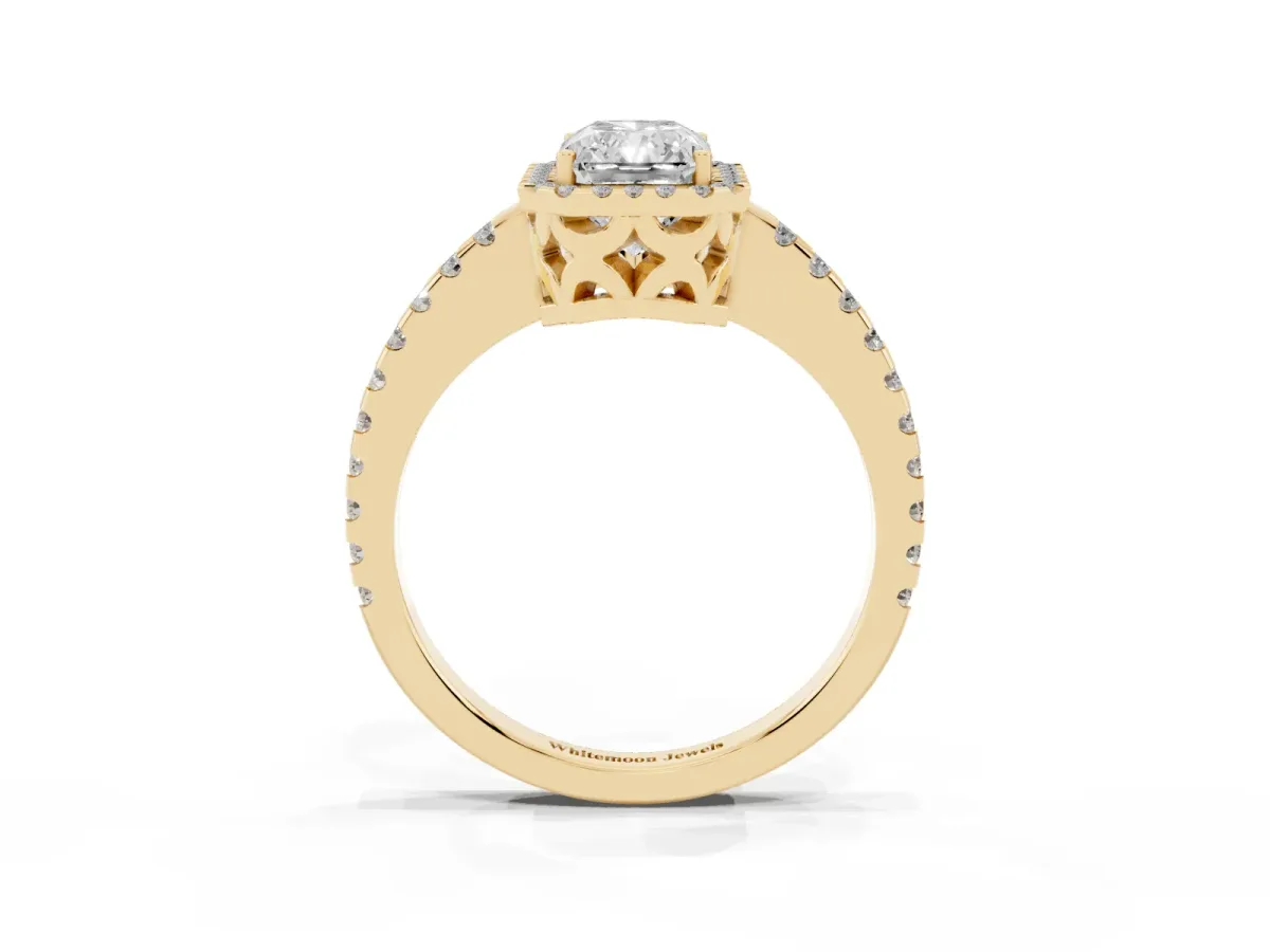 Radiant Cut Diamond Halo Engagement Ring with Pavé Band and Prong Setting Yellow gold