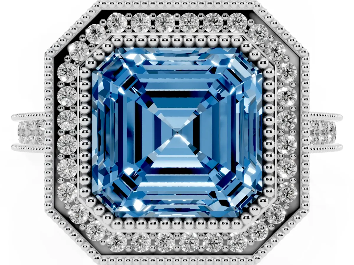 Fancy Blue Halo Asscher Cut-Cut Diamond Pave Band Milgrain Prong Setting Ring Platinum