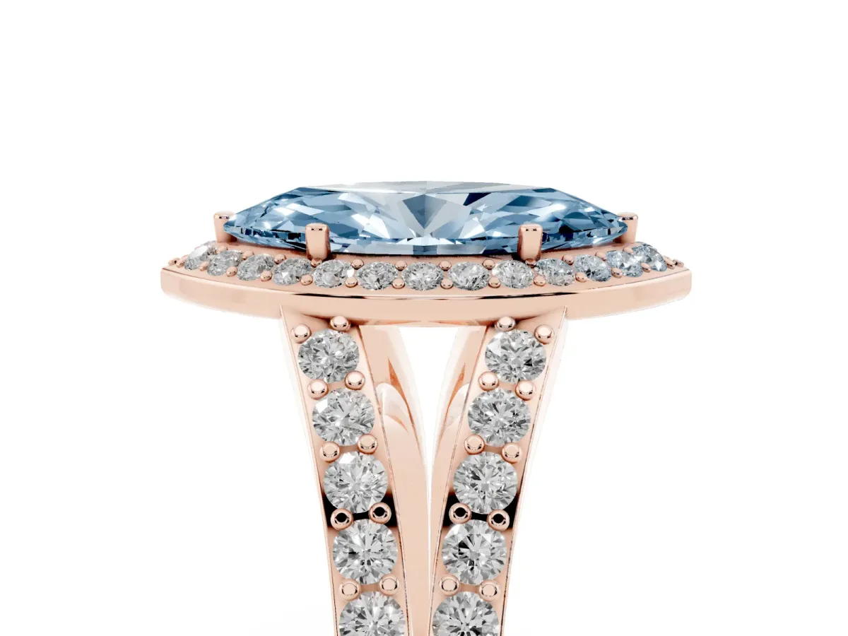 Fancy Blue Marquise Cut Diamond Split Shank Halo Ring with Four-Prong Setting Rose gold