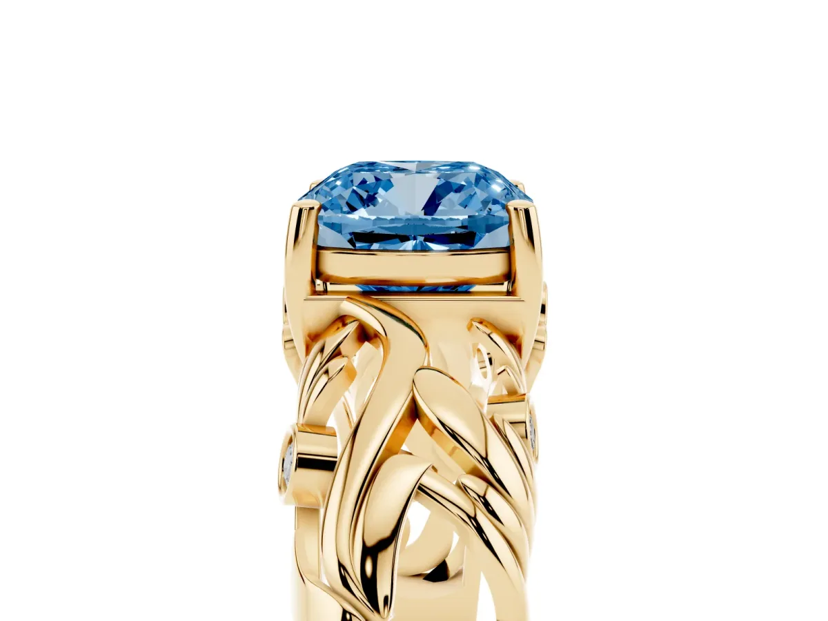 Fancy Blue Cushion Cut Solitaire Diamond Leaf-Inspired Vine Band Ring with Prong Setting Yellow gold
