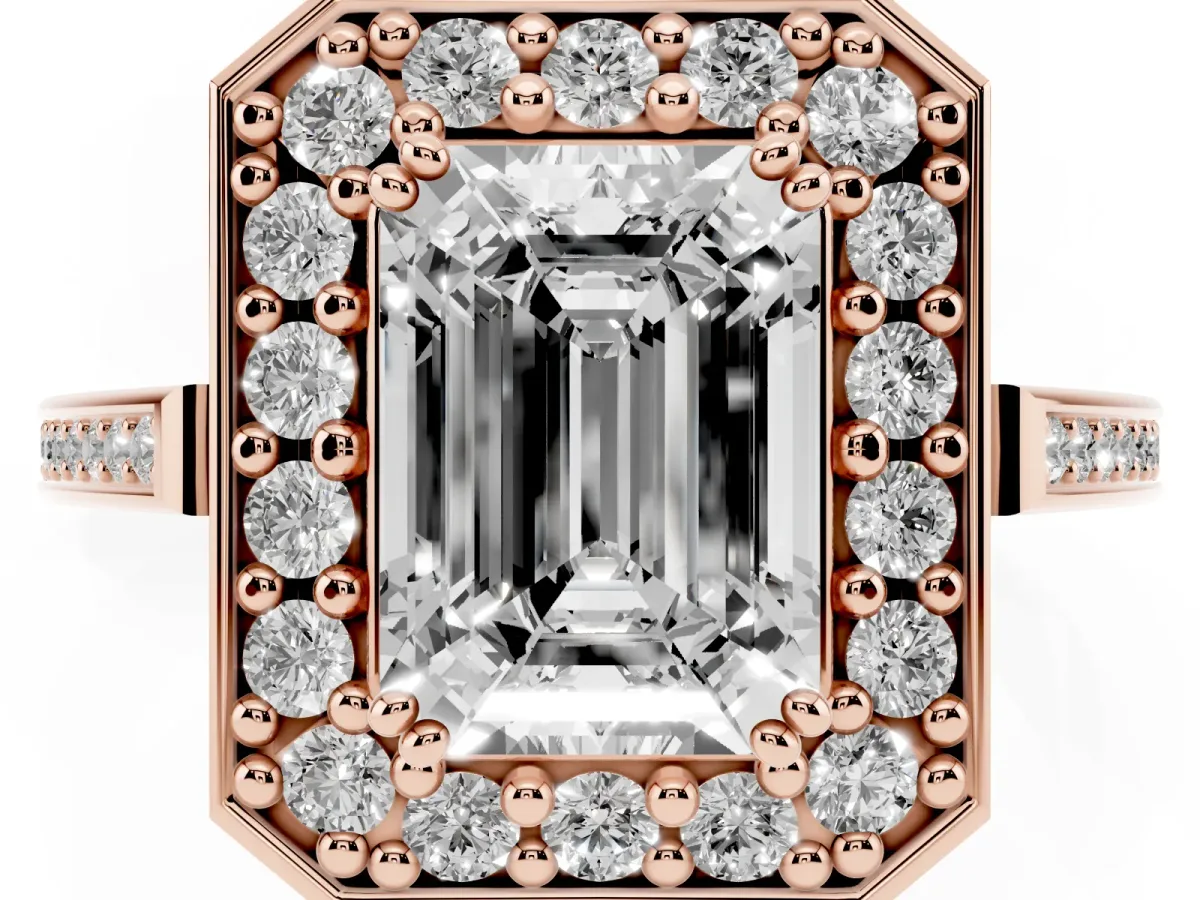 Emerald Cut Diamond Halo Ring with Split Shank and Four-Prong Setting Rose gold