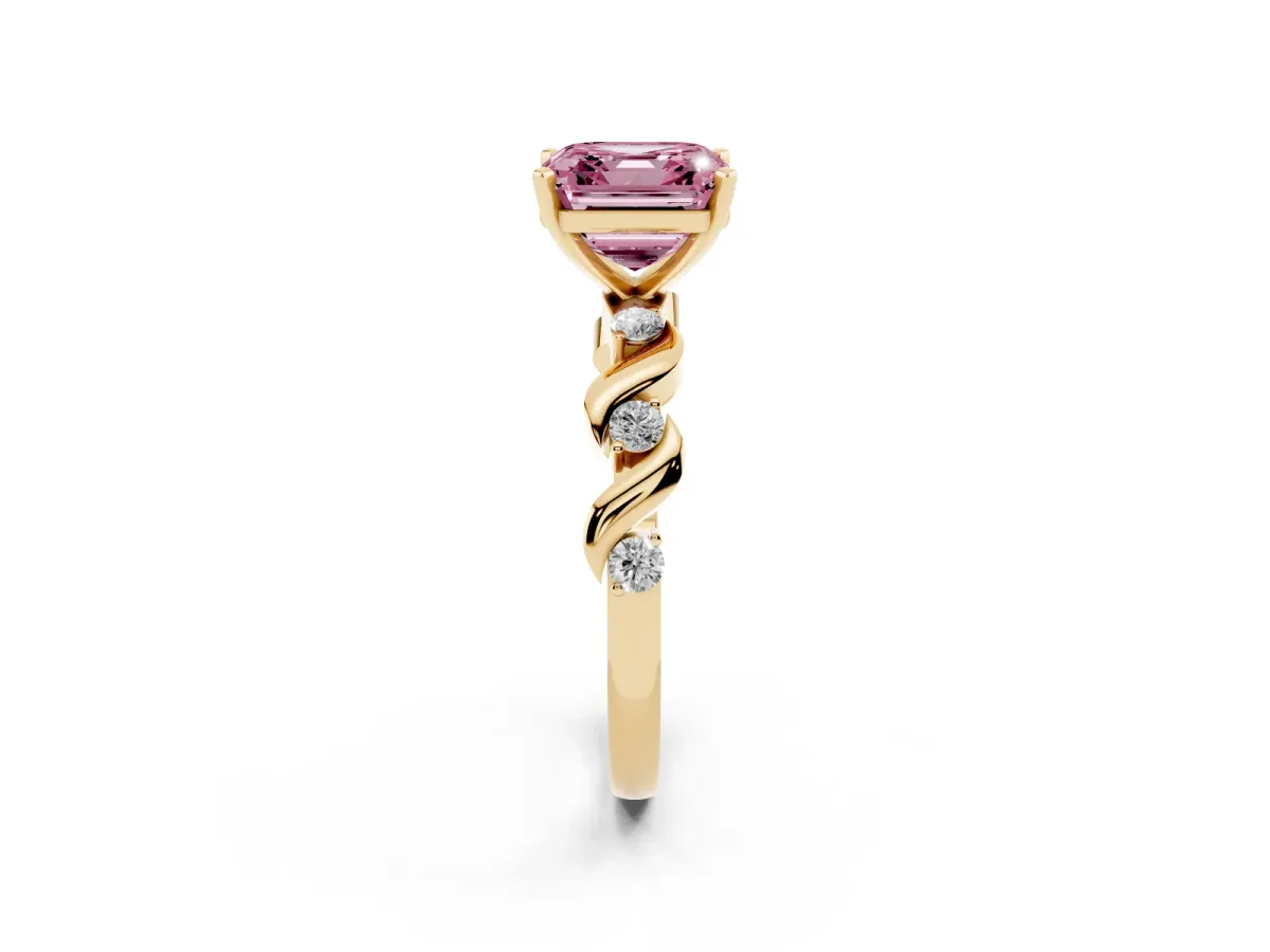 Fancy Pink Asscher Cut Diamond Solitaire Twisted Band with Round Accents and Prong Setting Yellow gold