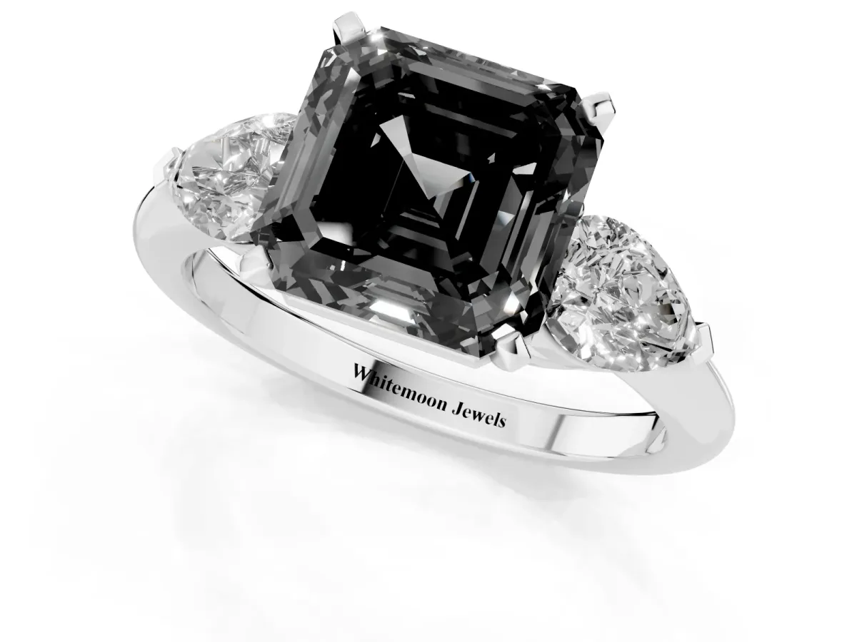 Fancy Black Three-Stone Asscher Cut Diamond Ring with Pear Side Stones and Four-Prong Setting Silver