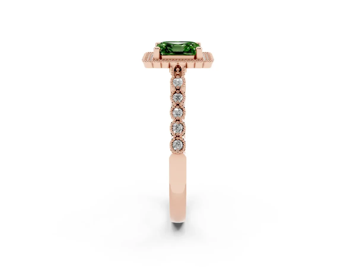 Fancy Green Asscher Cut Cut Halo Pavé Solitaire Ring with Milgrain Band Rose gold