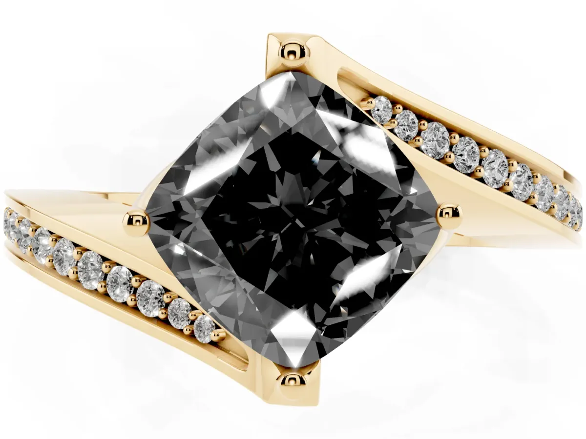 Fancy Black Cushion Cut Solitaire Diamond Twist Band with Pavé Setting and Four-Prong Setting Yellow gold