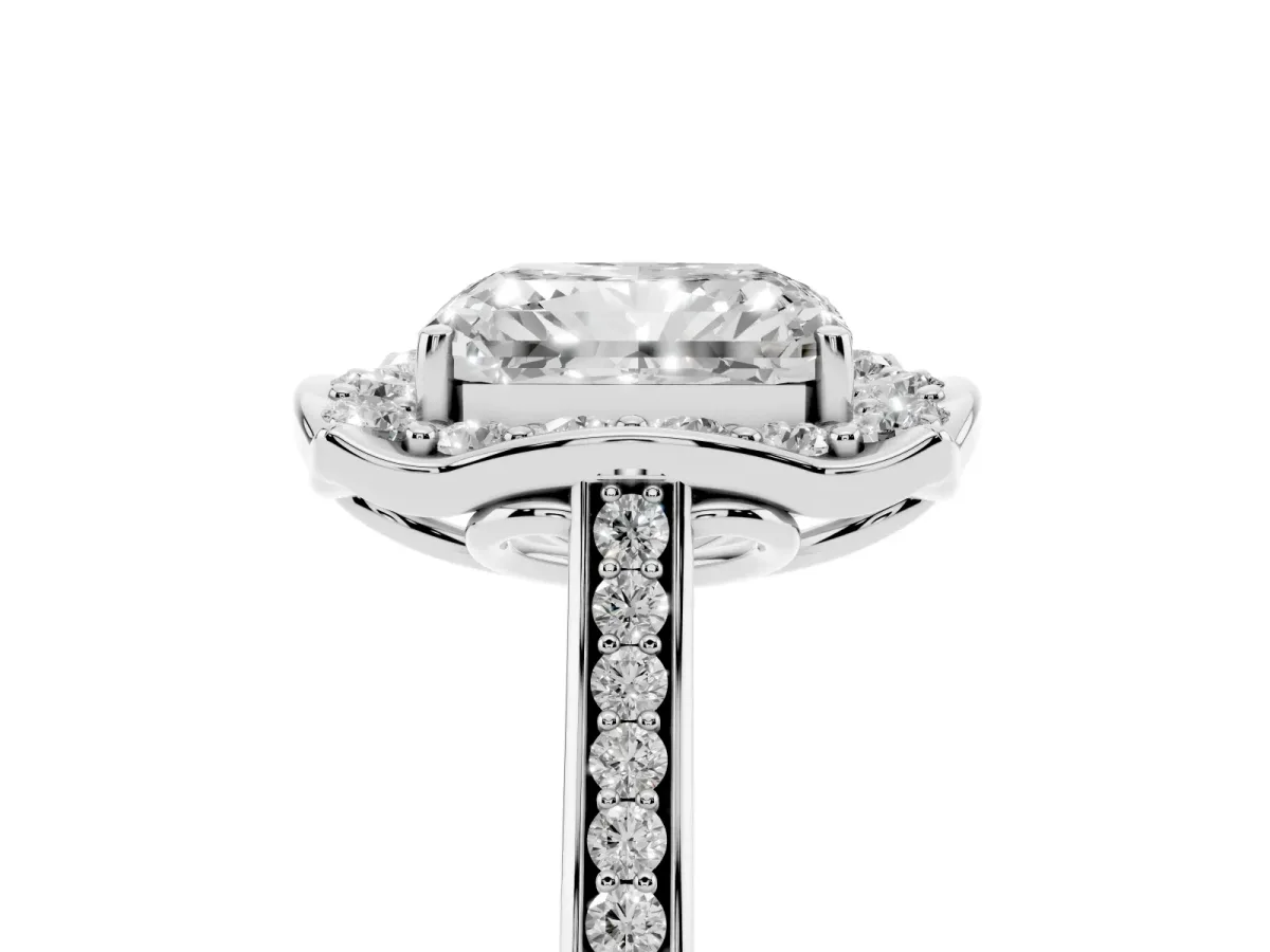 Radiant Cut Halo Round Diamond Pave Band with Four-Prong Setting Platinum