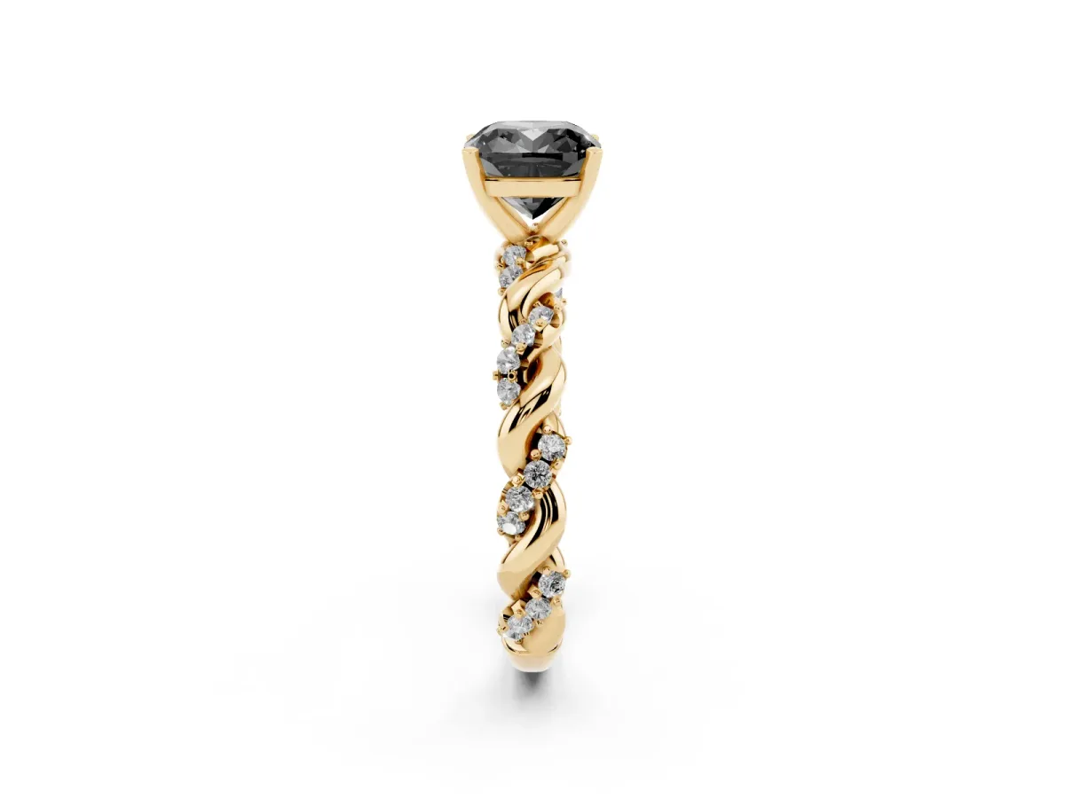 Fancy Black Cushion Cut Diamond Solitaire Ring with Twisted Band and Pavé Accents Yellow gold
