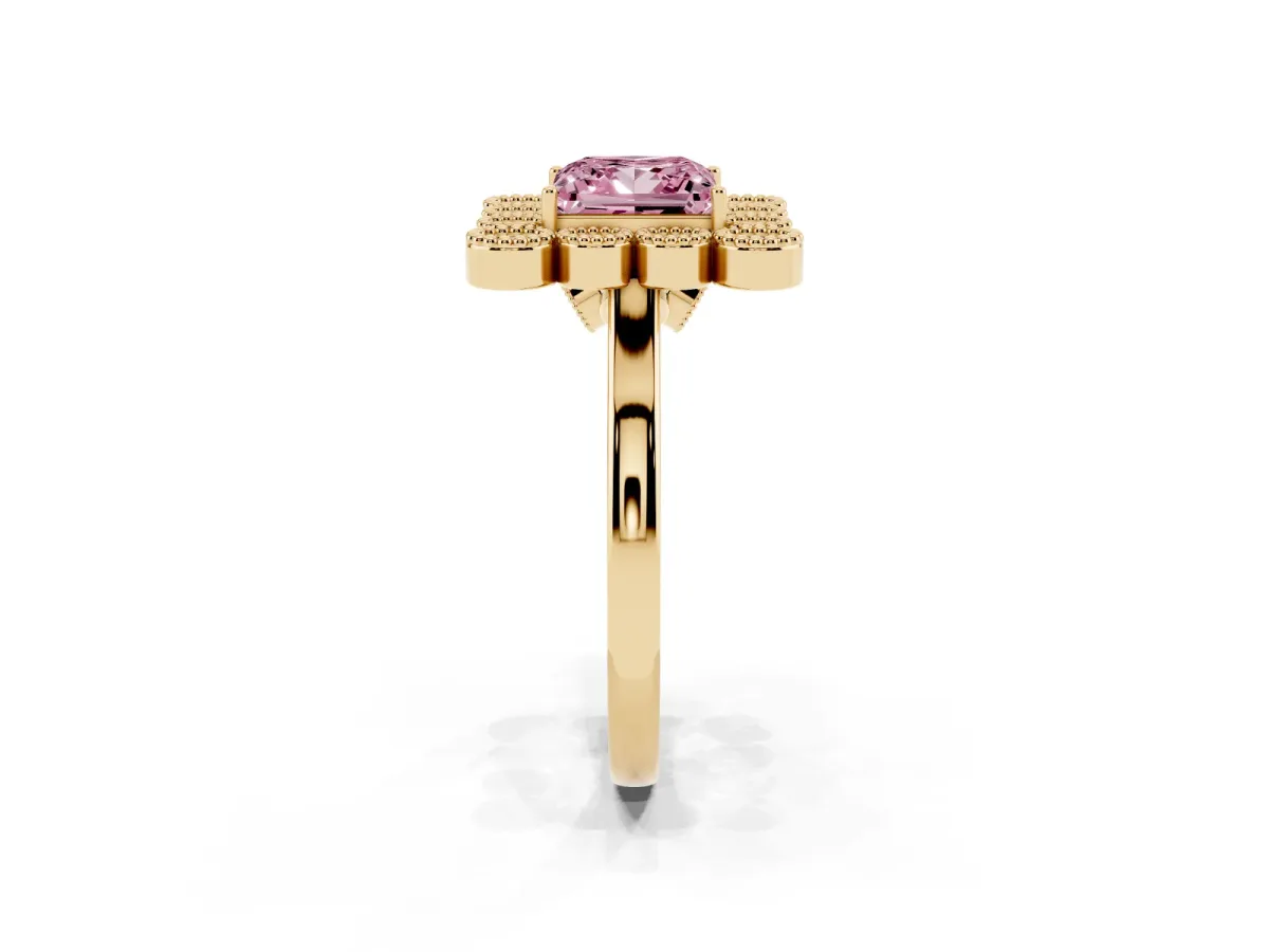 Fancy Pink Princess Cut Halo Diamond Cluster Engagement Ring with Milgrain Bezel Setting and Solitaire Band Yellow gold