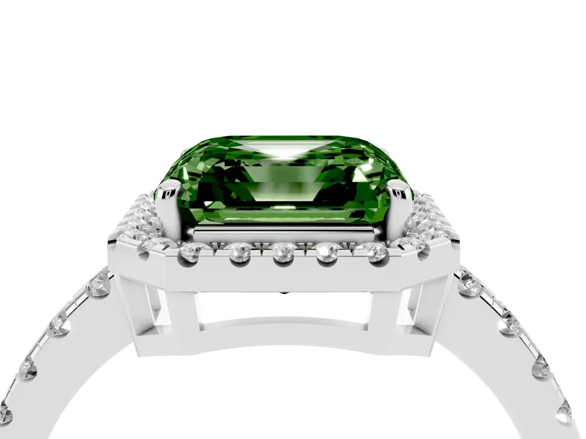 Fancy Green Asscher Cut Diamond Halo Ring with Pavé Band and Four-Prong Setting Platinum