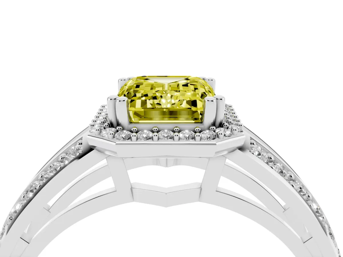 Fancy Yellow Emerald Cut Diamond Halo Ring with Split Shank Pavé Band and Four-Prong Setting White gold