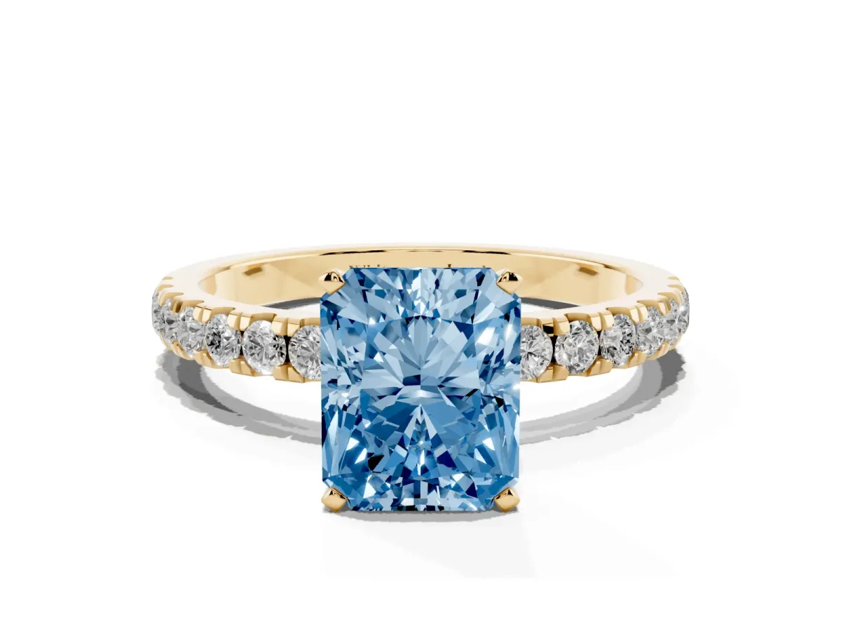 Fancy Blue Radiant Cut Diamond Solitaire Ring with Pavé Accents and Four-Prong Setting Yellow gold