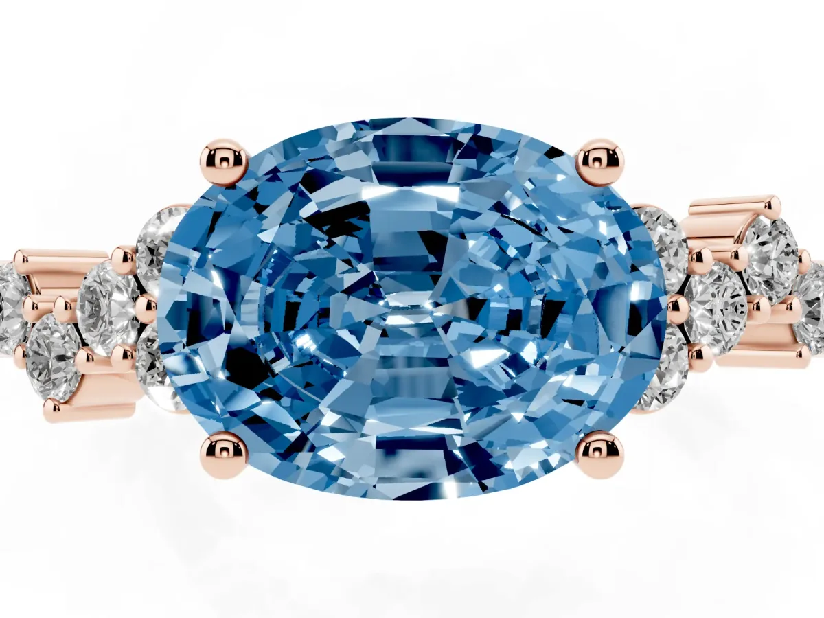 Fancy Blue Oval Cut Diamond Scattered Round Accent Ring with Prong Setting Rose gold