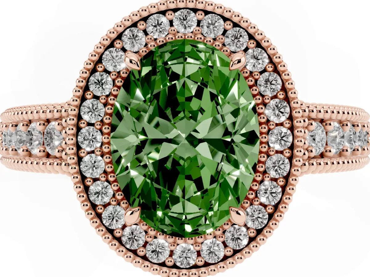Fancy Green Oval Cut Cut Halo Diamond Ring with Pavé Band and Four-Prong Setting Rose gold