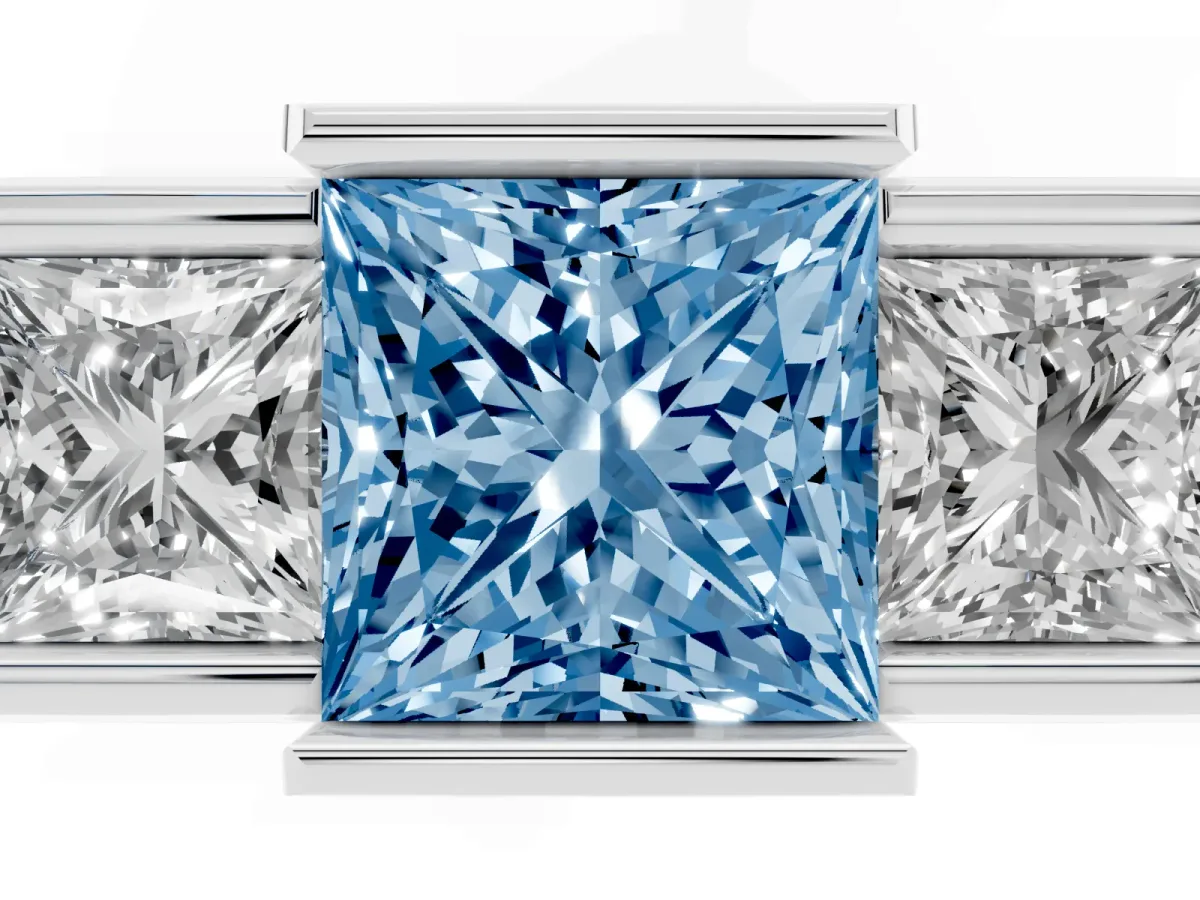 Fancy Blue Three Stone Princess Cut Cut Channel Set Diamond Ring Silver