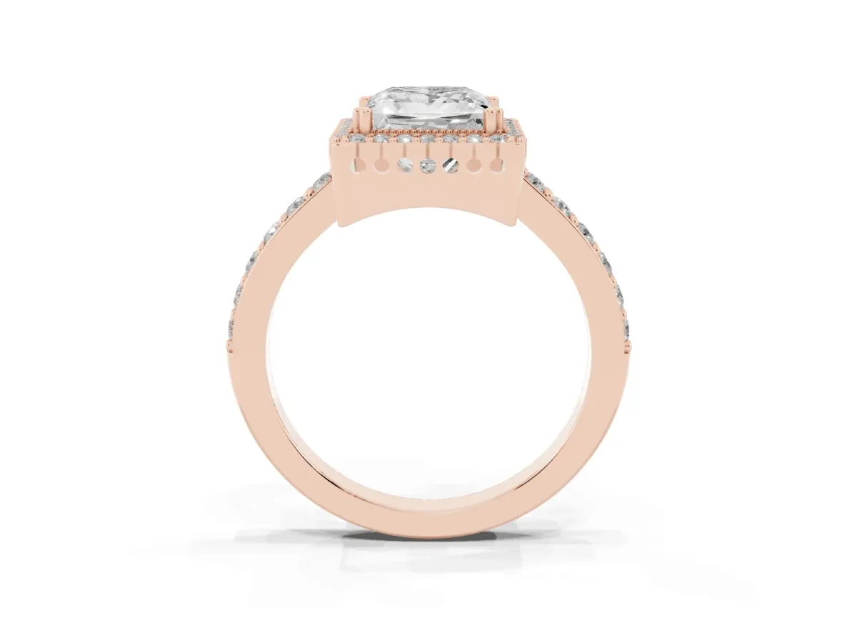 Princess Cut Cut Diamond Halo Engagement Ring with Milgrain Detail and Pavé Band Rose gold