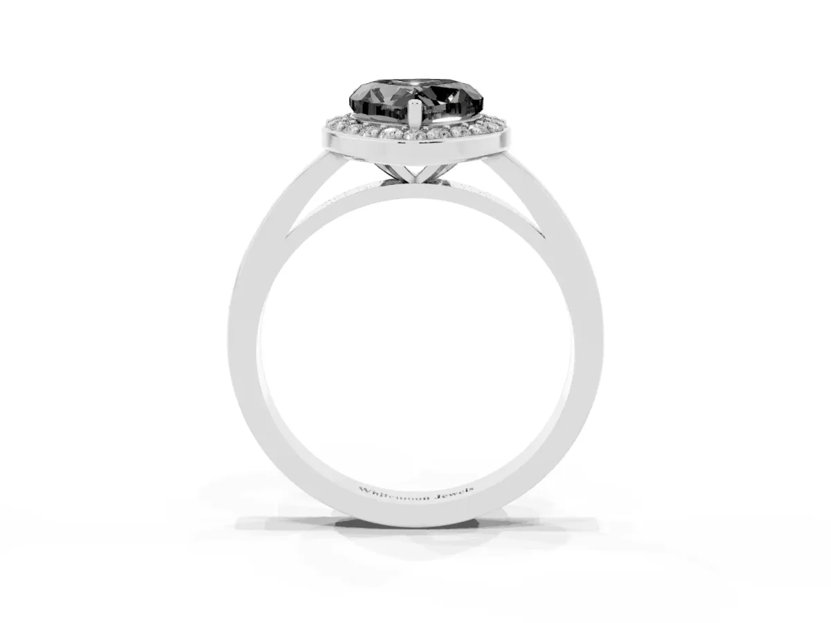 Fancy Black Heart Cut Halo Diamond Ring with Solitaire Band and Prong Setting White gold