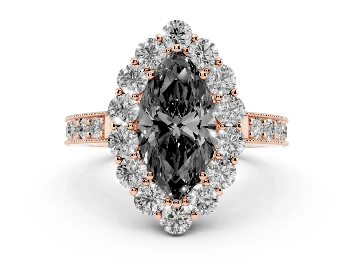 Fancy Black Marquise Cut Cut Halo Diamond Pavé Engagement Ring with Milgrain Detailing Rose gold