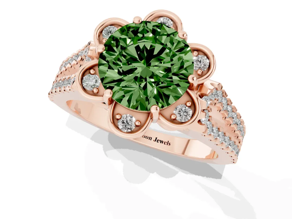 Fancy Green Round Cut Halo Diamond Floral Split Shank Engagement Ring Rose gold