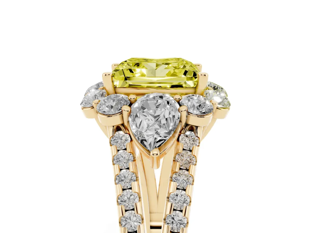 Fancy Yellow Princess Cut Halo Split Shank Diamond Engagement Ring with Prong Setting Yellow gold