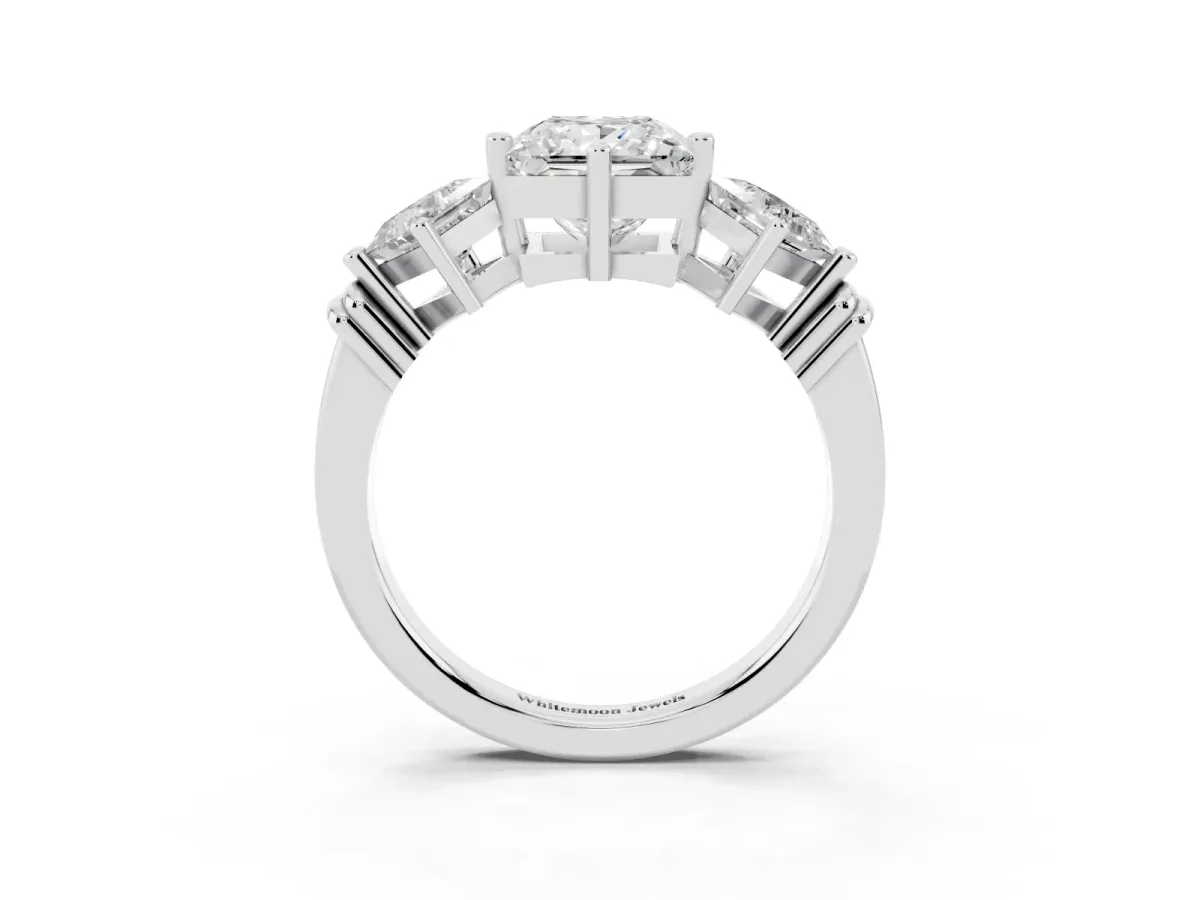 Three-Stone Princess Cut and Princess Cut Diamond Ring with Channel Band and Four-Prong Setting Platinum