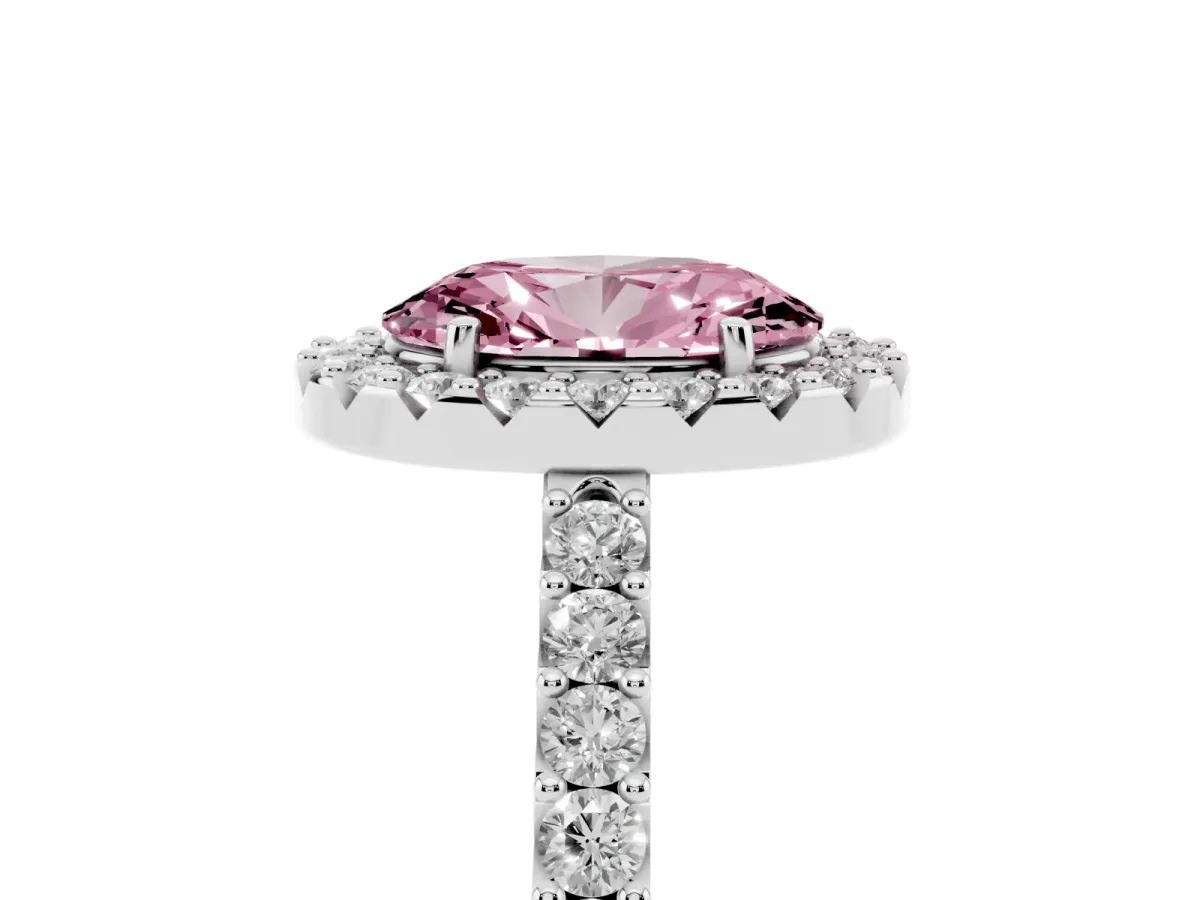 Fancy Pink Oval Cut Halo Diamond Pavé Solitaire Ring Silver