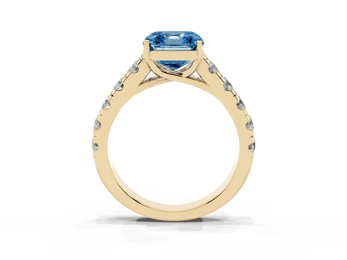 Fancy Blue Asscher Cut Cut Diamond Solitaire Ring with Micro Pave Band and Prong Setting Yellow gold