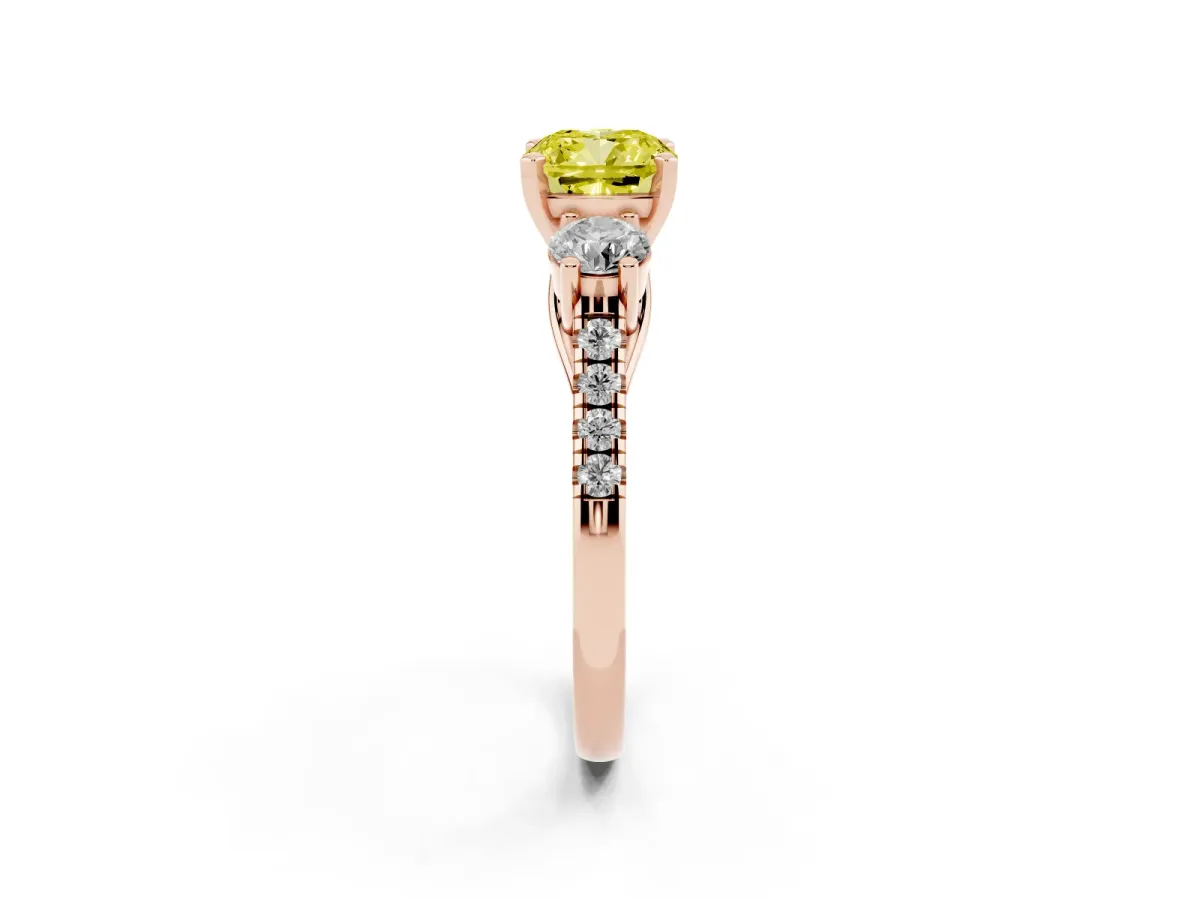 Fancy Yellow Three-Stone Cushion Cut Diamond Pavé Band with Four-Prong Setting Rose gold
