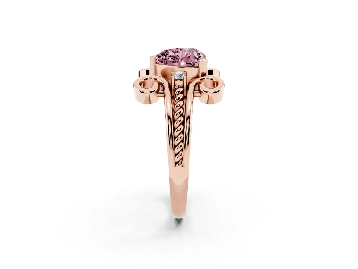 Fancy Pink Heart Cut Solitaire Twisted Band Scroll Prong Ring Rose gold