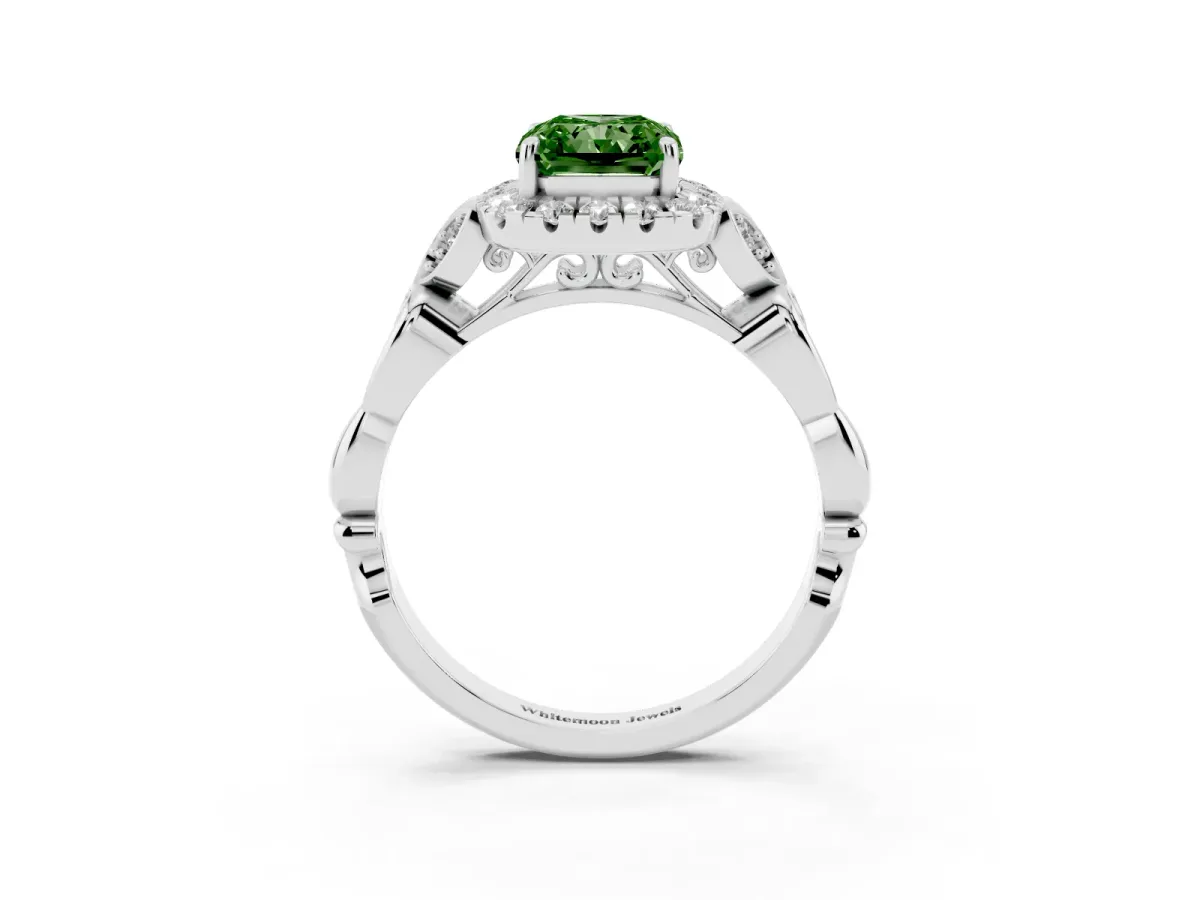Fancy Green Radiant Cut Halo Diamond Engagement Ring with Vintage-Inspired Band and Four-Prong Setting White gold