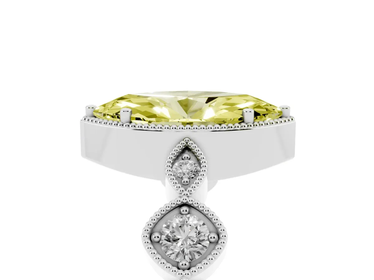 Fancy Yellow Marquise Cut Diamond Vintage Milgrain Ring with Round Stations Silver