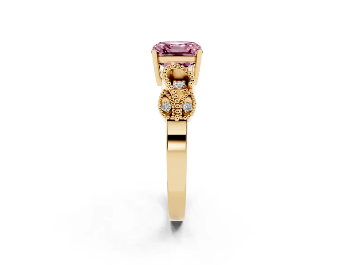 Fancy Pink Asscher Cut Solitaire Milgrain Leaf Band with Prong Setting Yellow gold