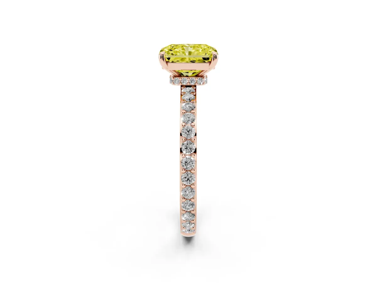 Fancy Yellow Radiant Cut Diamond Pavé Engagement Ring with Round Accents and Prong Setting Rose gold