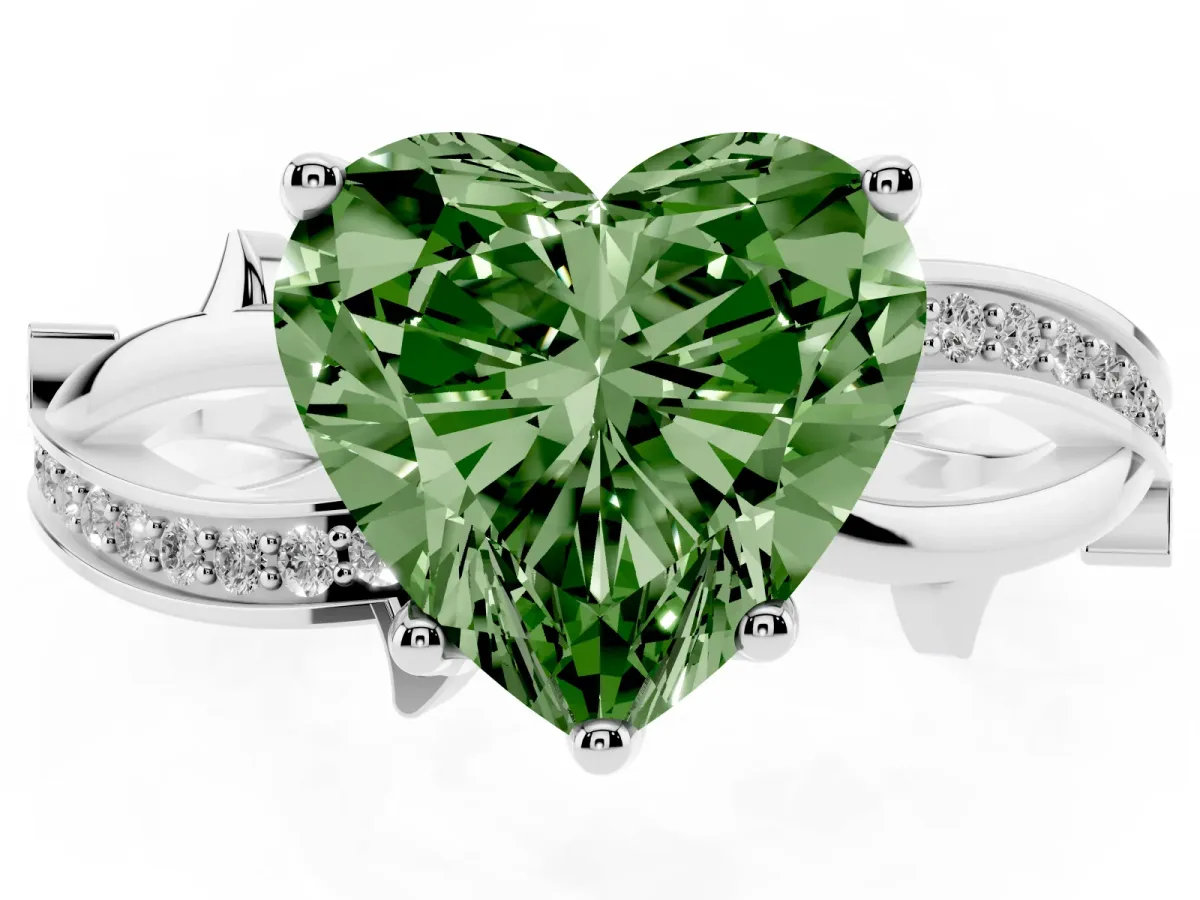 Fancy Green Heart Cut Solitaire Twist Band with Pavé Accents and Four-Prong Setting Silver