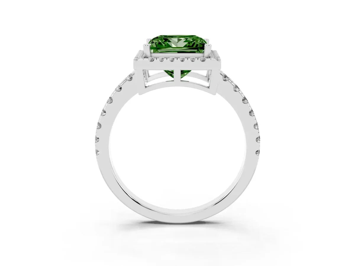 Fancy Green Princess Cut Diamond Halo Ring with Pavé Band and Four-Prong Setting Platinum