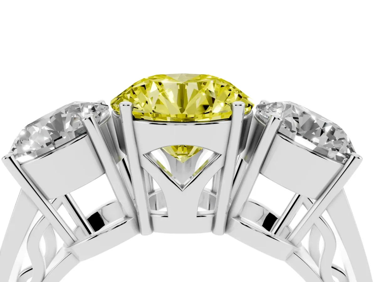 Fancy Yellow Round Cut Diamond Three-Stone Ring with Prong Setting and Textured Band Silver