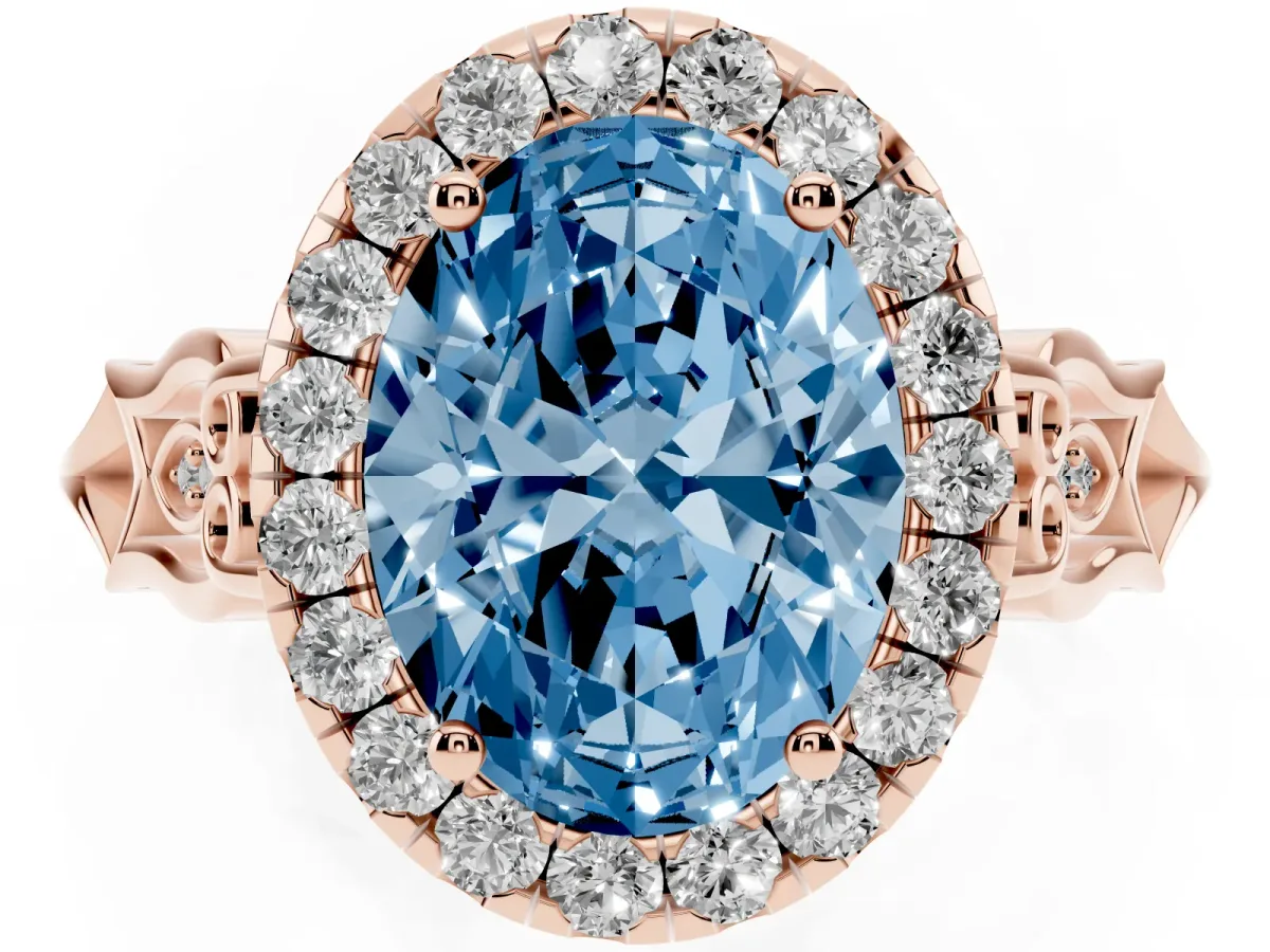 Fancy Blue Oval Cut Halo Diamond Engagement Ring with Filigree Band and Four-Prong Setting Rose gold