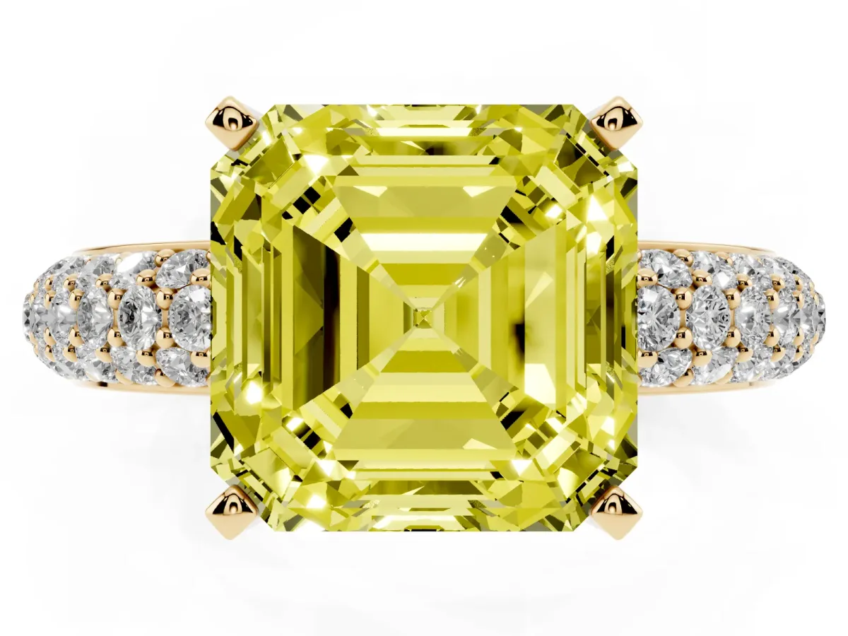 Fancy Yellow Asscher Cut Diamond Solitaire Ring with Prong Setting and Pavé Band Yellow gold