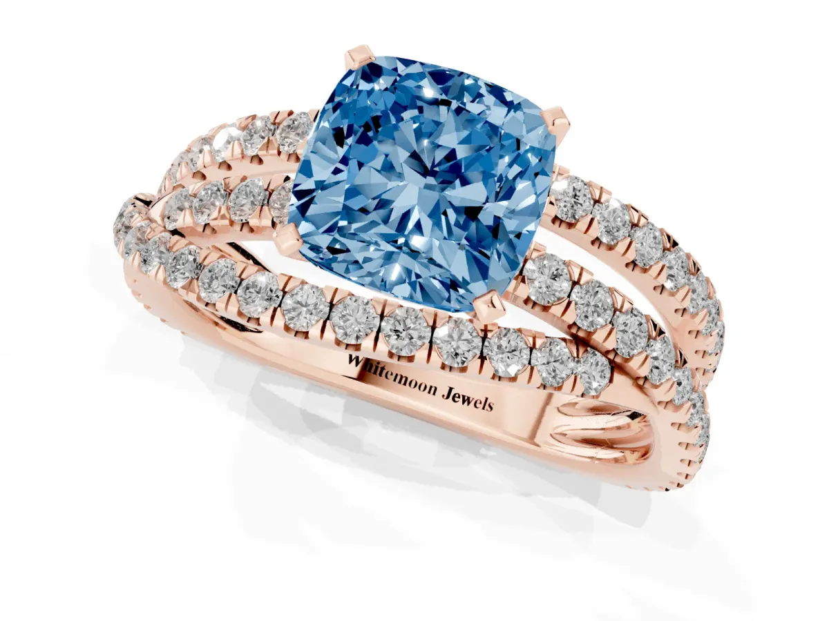 Fancy Blue Cushion Cut Solitaire Twist Band with Pavé Setting and Four-Prong Setting Rose gold